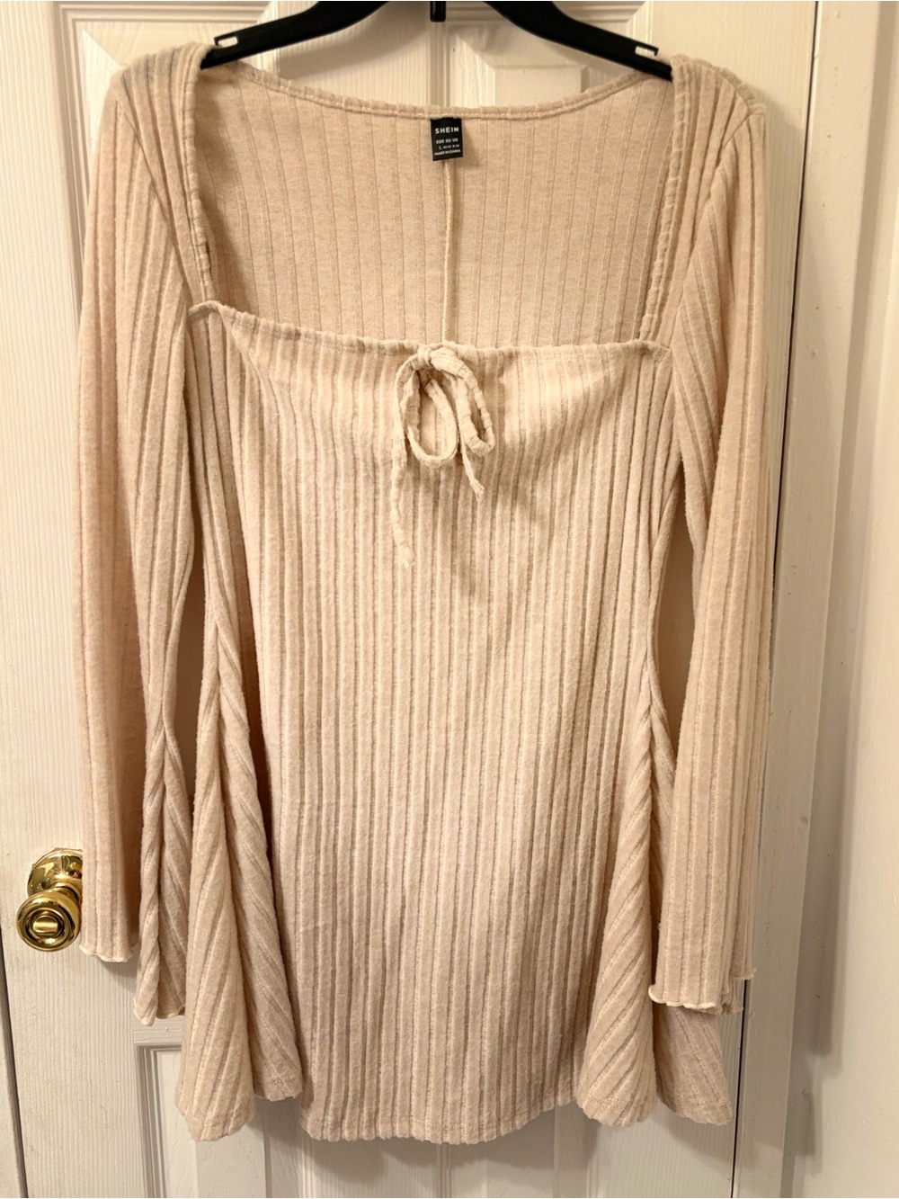 SHEIN Cream Ribbed Tie-Front Long Sleeve Dress